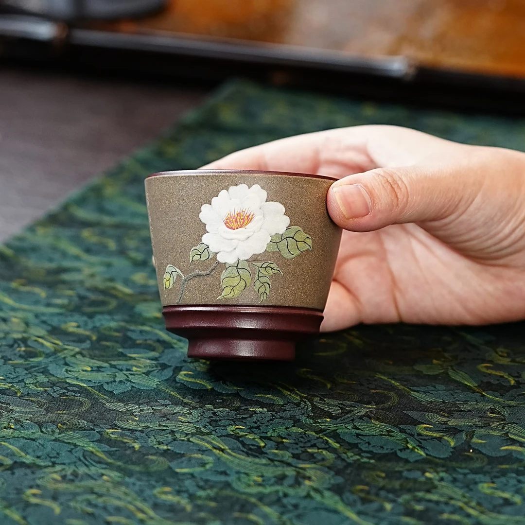 宜兴正宗紫砂紫泥粉青段栀子花杯纯手工主人杯手绘手工高档老料