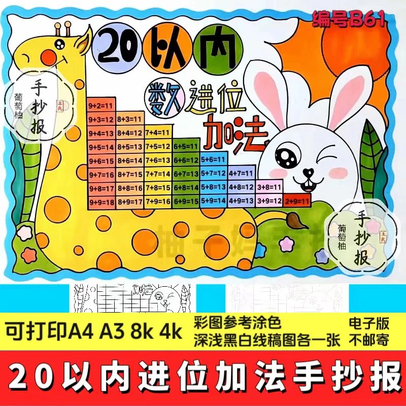 20以内的进位加法手抄报模板电子版人教版小学一年级上册数学小报