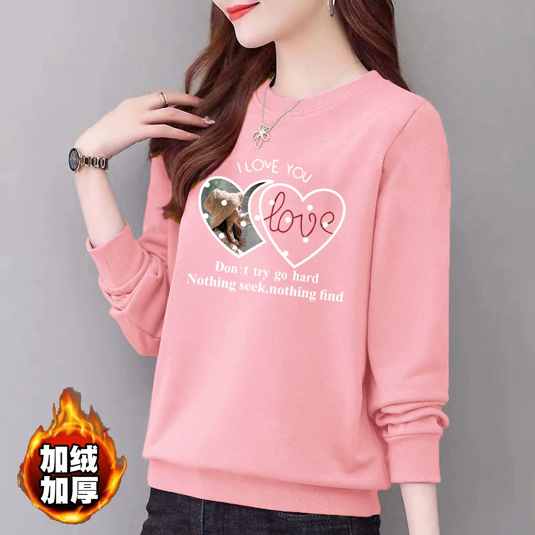 女款【双爱心】加绒卫衣圆领宽松正肩上衣冬季显瘦百搭印花华棉休闲