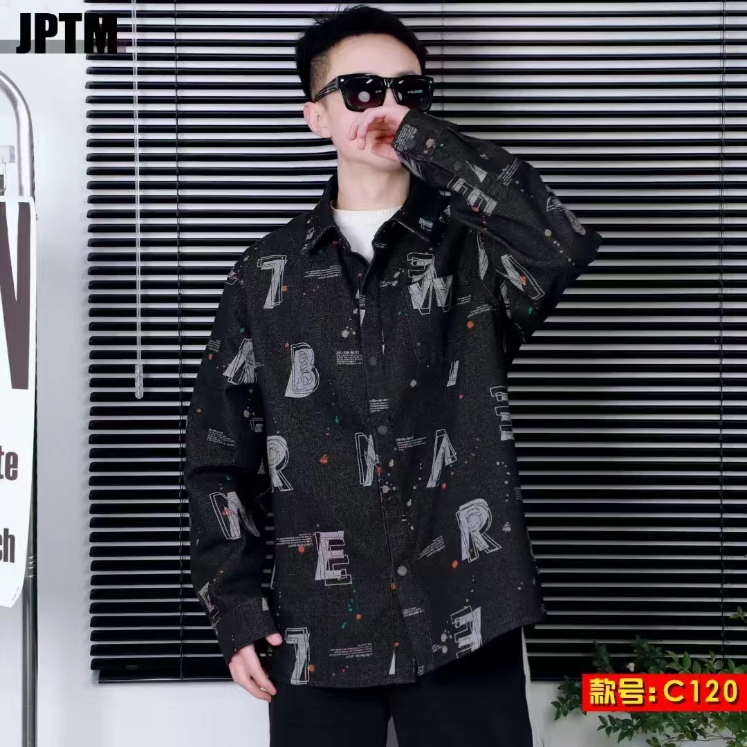 大码男士时尚潮流宽松版字母喷绘春季薄款休闲牛仔外套120百搭