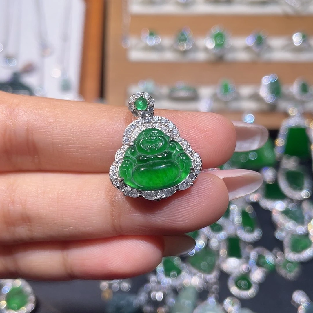 翡翠银S925镶嵌颈饰绿佛公