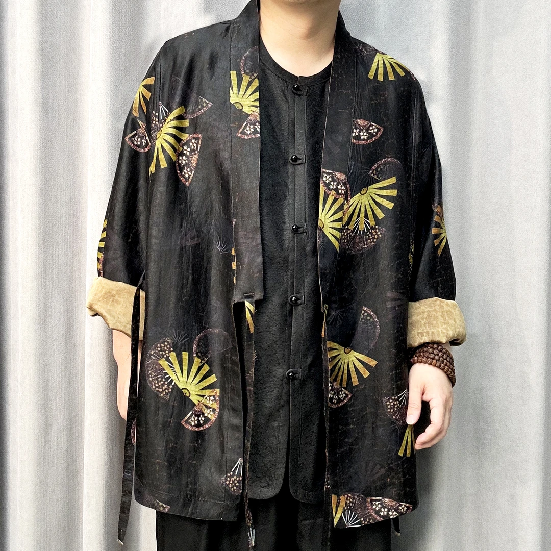 手工雕印香云纱桑蚕丝外套老钱风开襟古风宽松型国潮中国风2540