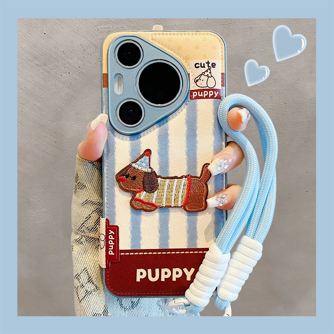 适用华为pura70pro+手机壳创意卡通刺绣腊肠狗pura80pro皮质软壳