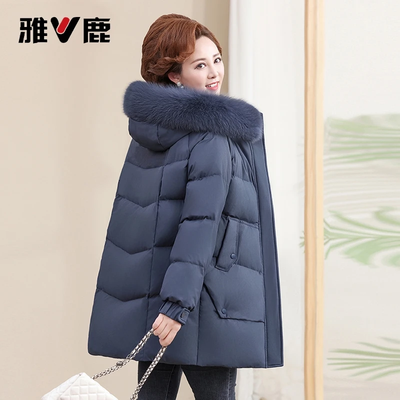 V/雅鹿羽绒服女中老年妈妈装2025新款中长款时尚大毛领白鸭绒外套