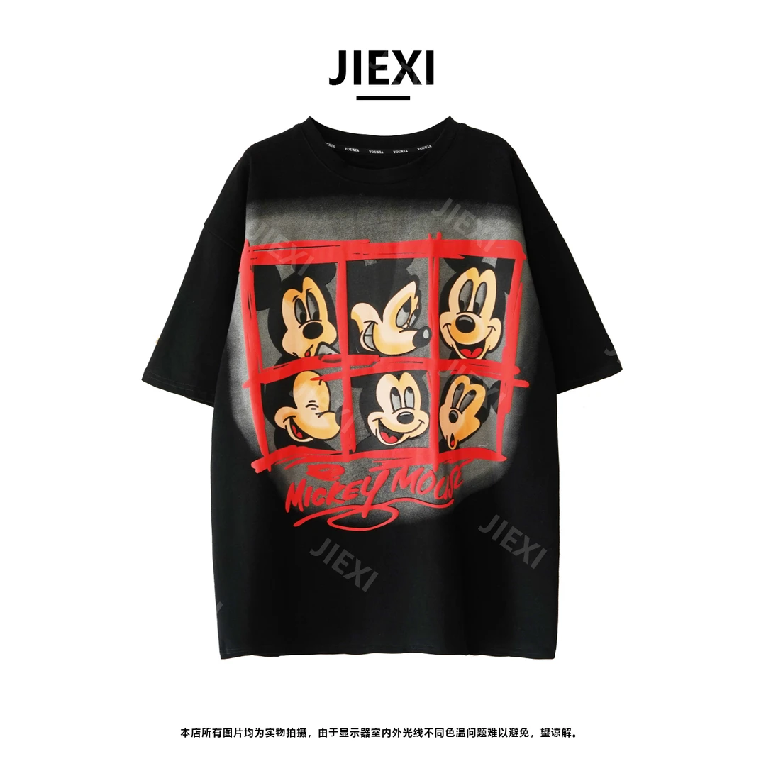 JIEXI显瘦大版型新款重工米奇印花休闲厚款宽松短袖T恤jx3609