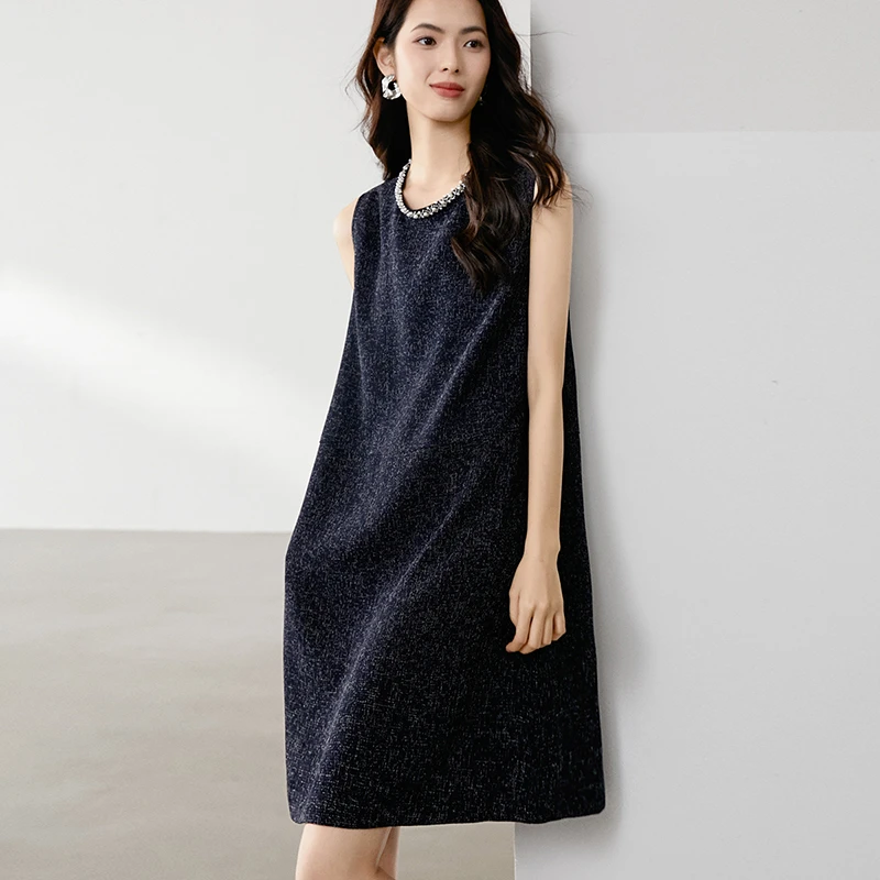 2025秋季新款气质钉珠时尚优雅轻熟简约无袖连衣裙25070977