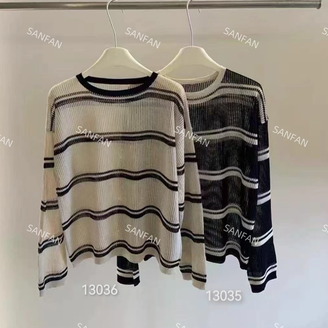 13036（复合）（部分无水洗唛，介意慎拍）WANGDAN条纹镂空撞色长袖