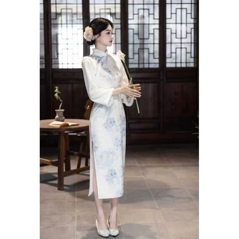 苏故里【雪影】文艺气质修身高端日常旗袍奢华气质双层衣长120