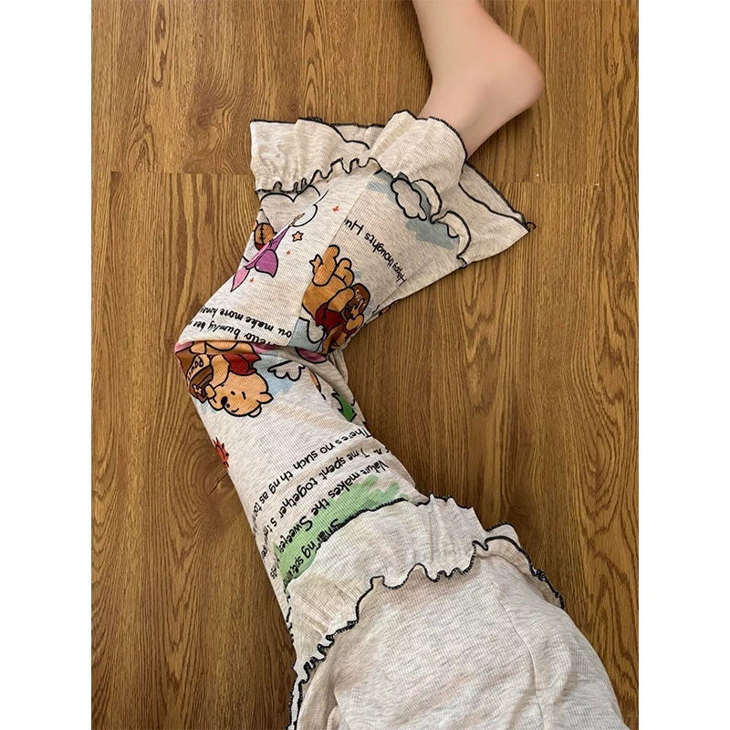 韩系甜美可爱维尼熊花边睡衣女夏季新款可外穿短袖长裤家居服套装