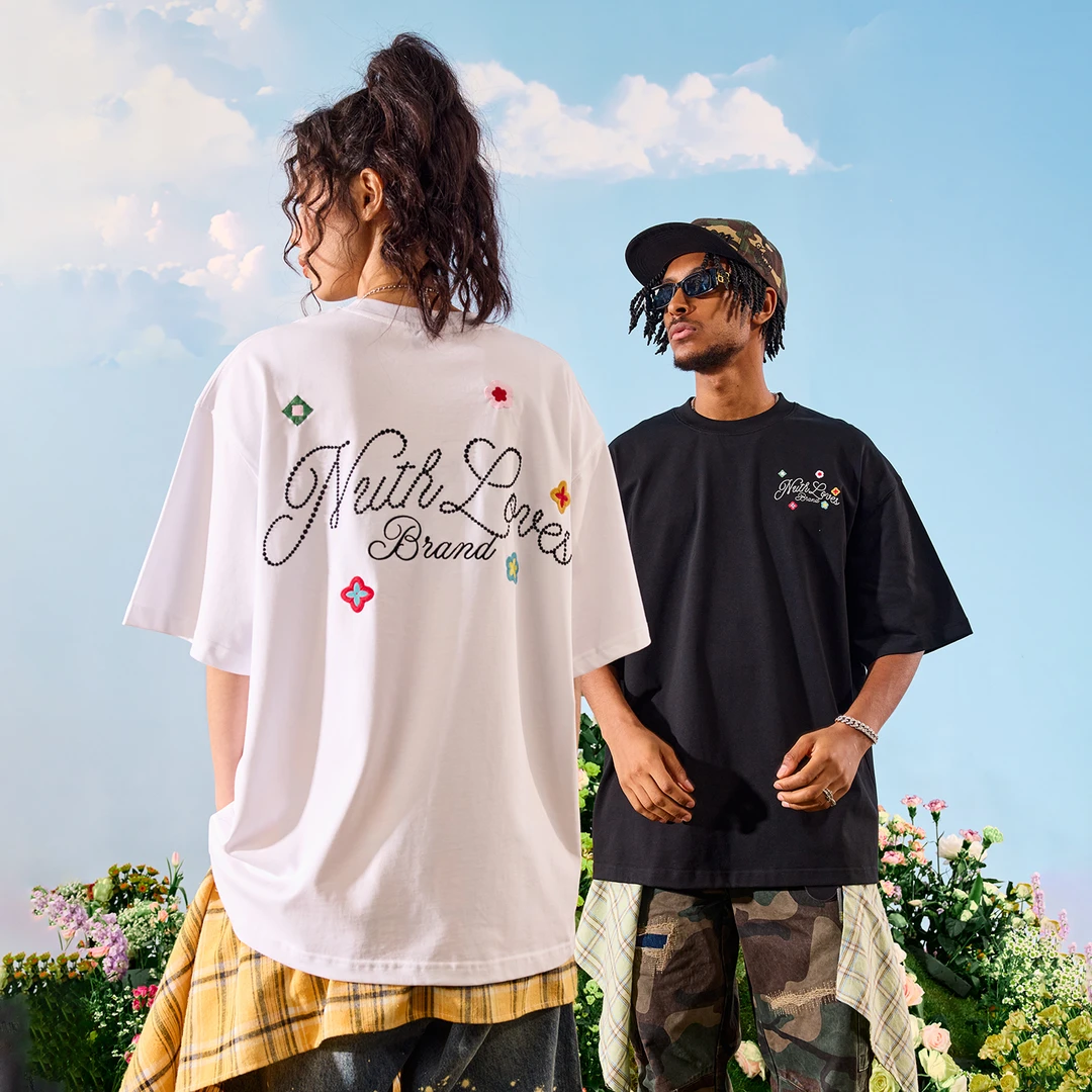 Nuthink国潮字母花朵刺绣大码短袖T恤美式宽松半袖男女2025夏新款