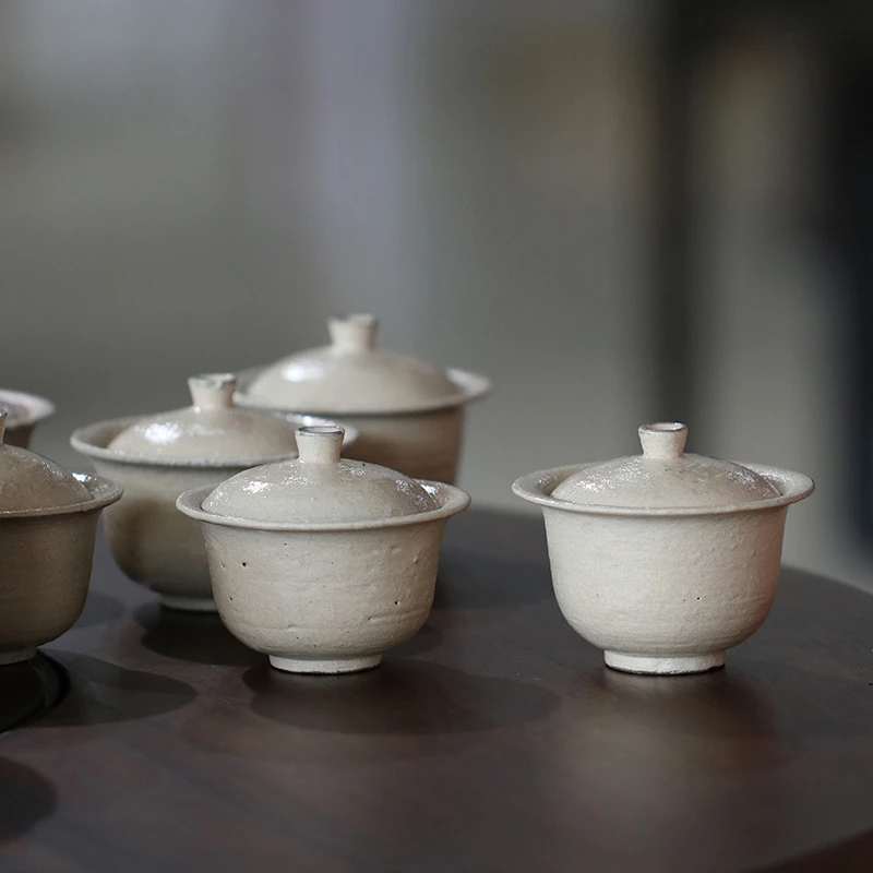 万家造物粉引盖碗手工侘寂风破圆二才泡茶碗可养开片不烫手复古风