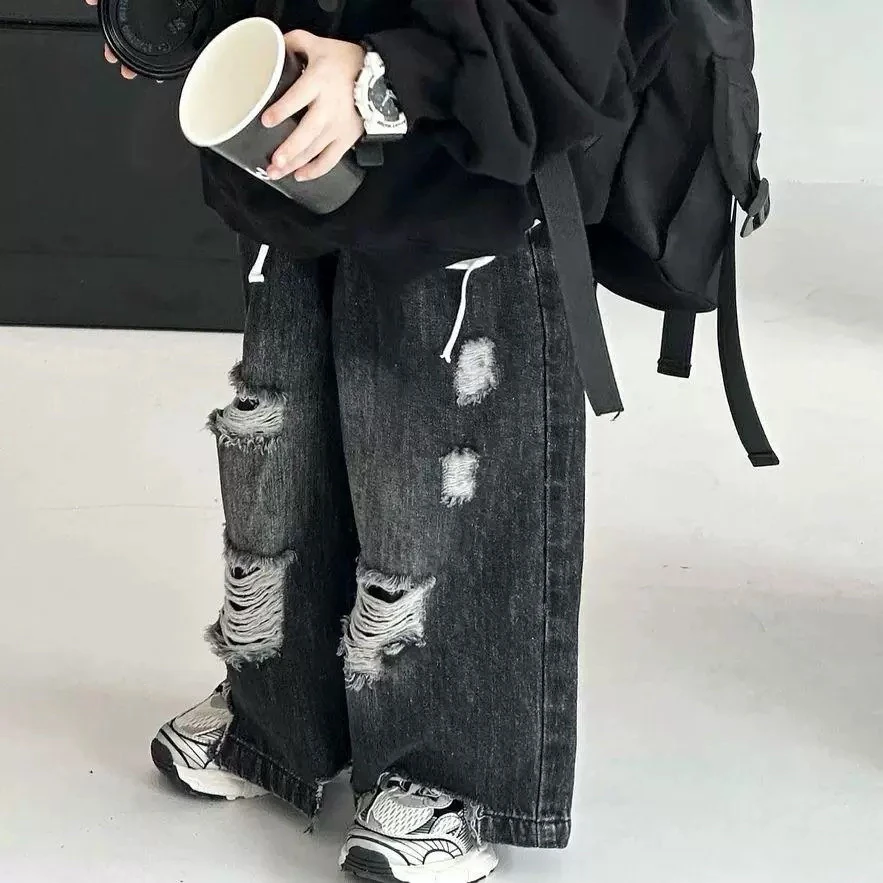 4159男女童潮流时髦洋气夏季破洞牛仔直筒裤