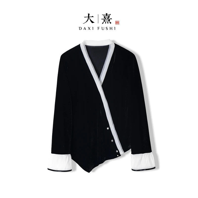 【逸梦】2025新款秋季上衣小衫女式新中式V领宽松拼接丝绒长袖衬衫