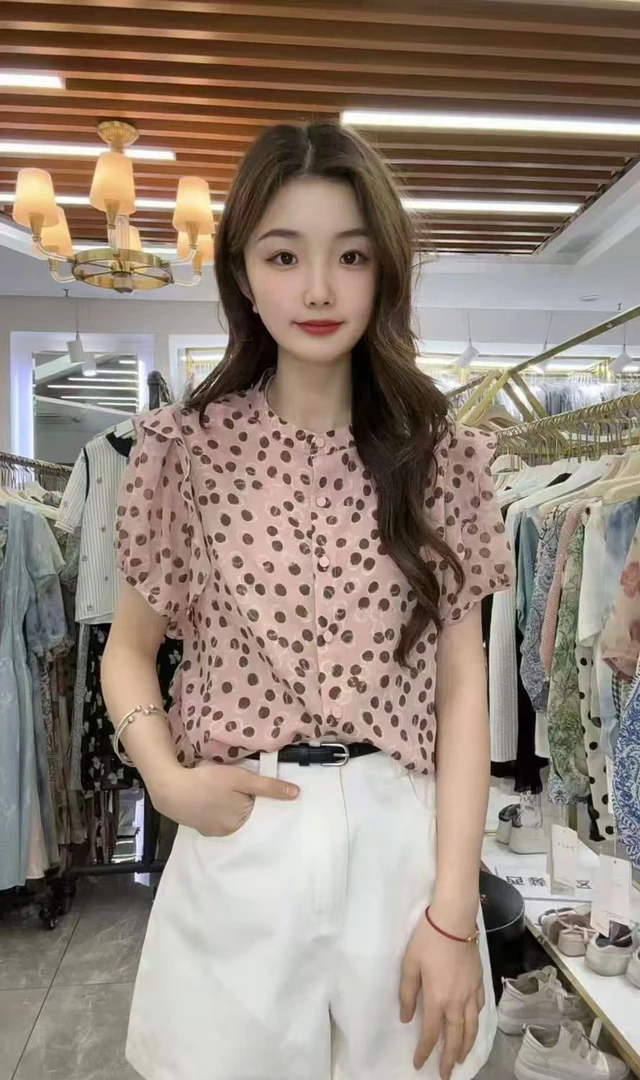 韩版气质减龄印花波点短袖衬衫女2025新款宽松显瘦独特漂亮上衣