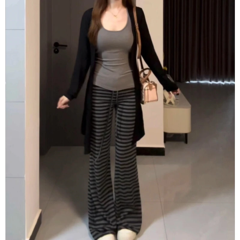 180高个子175加长黑灰色条纹微喇裤女高腰垂坠感马蹄裤拖地休闲裤