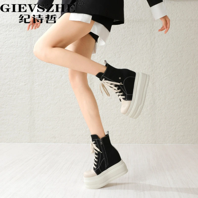 纪诗哲高帮厚底小个子增高鞋时尚百搭马丁鞋拼色帆布12cm高帮板鞋