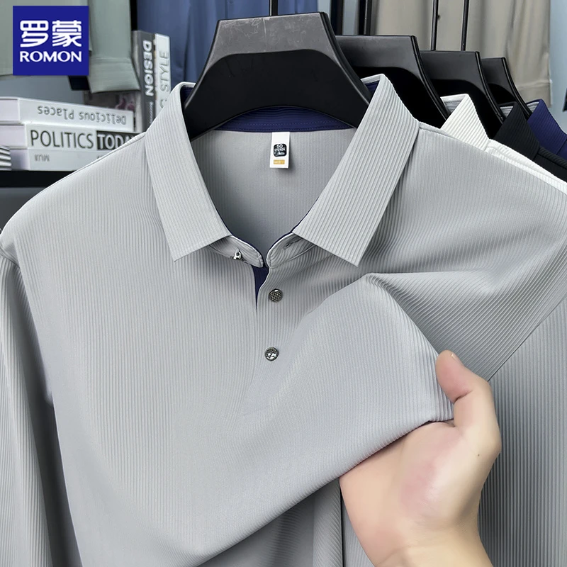 罗蒙纯色锦氨休闲百搭条纹T长袖Polo衫秋季商务男士翻领薄款t恤潮