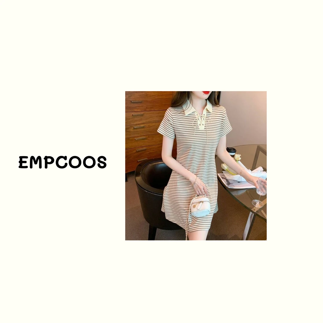 【EMPCOOS】夏季女短袖开抽翻领连衣裙修身显瘦抽绳polo领女裙667