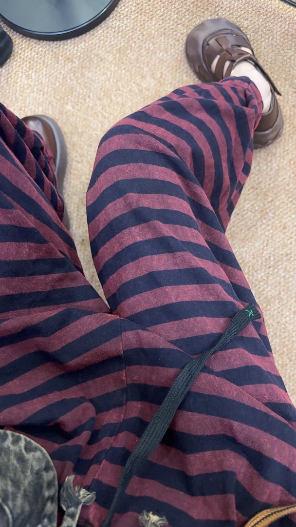 王蜜儿春季新品炒色做旧休闲百搭条纹灯笼裤（臀围136裤长78）