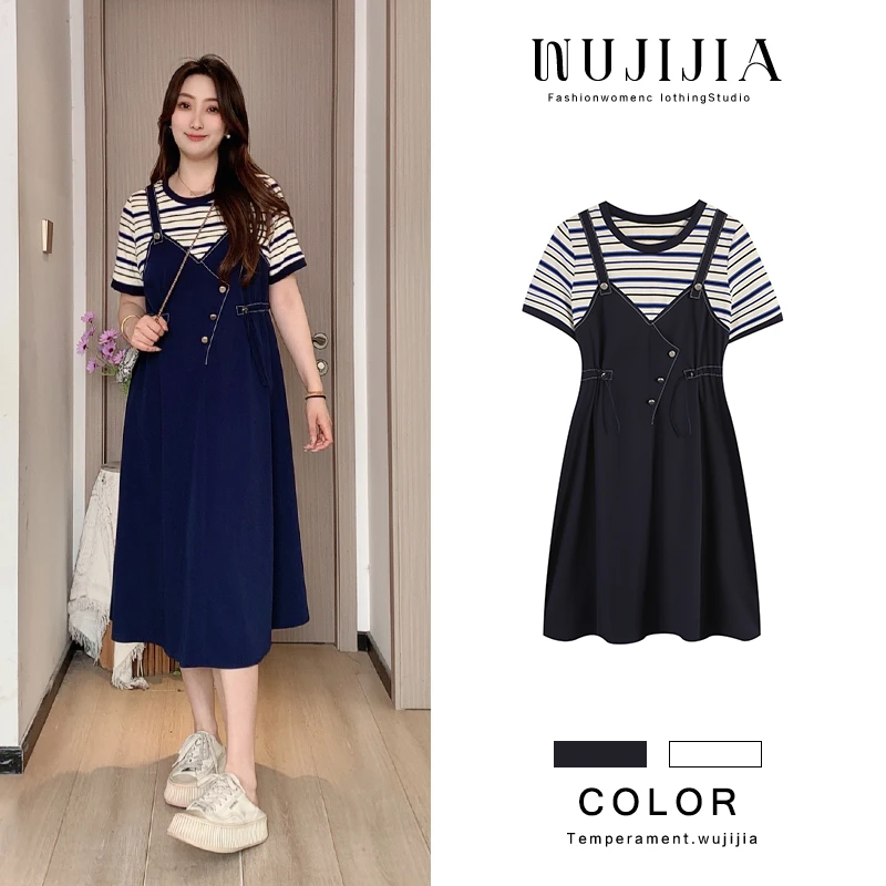【城市日记】藏青色休闲条纹连衣裙减龄夏季长裙假两件显瘦裙子气质