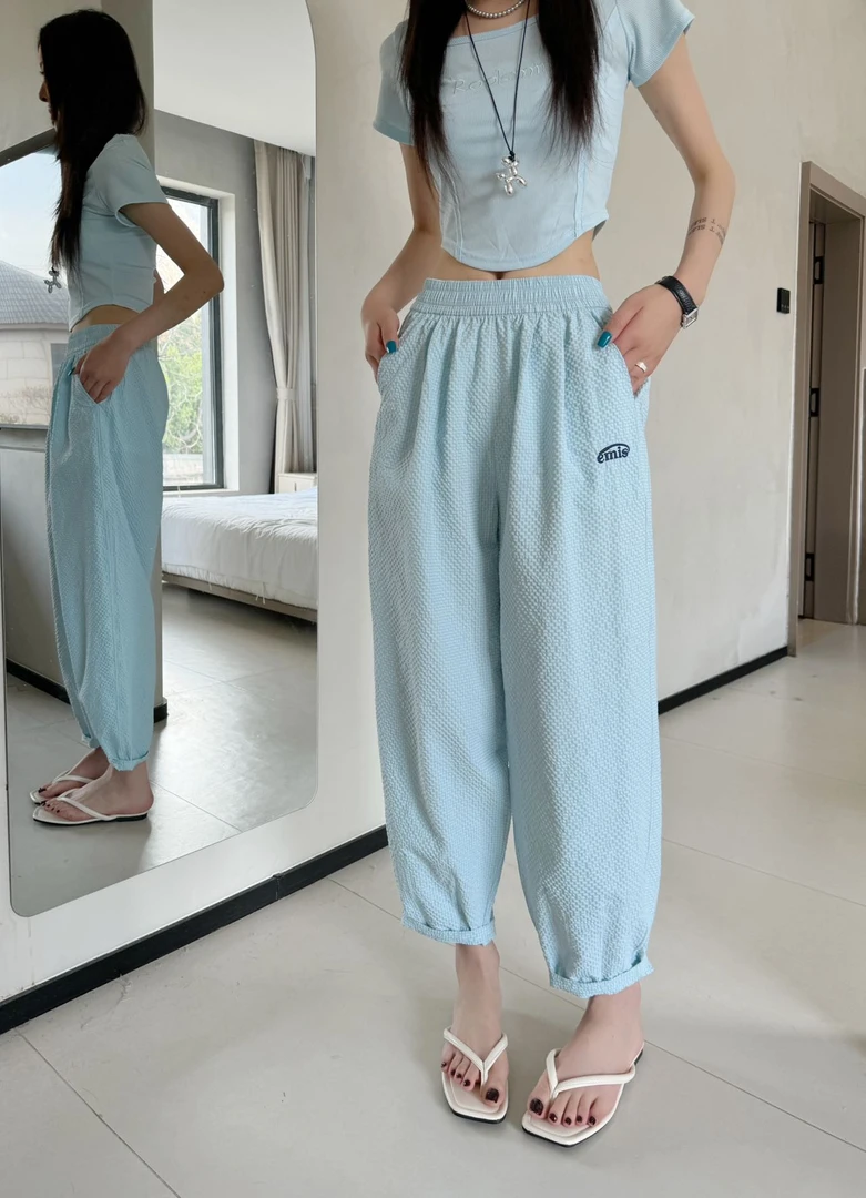 程程甄选--「韩系字母」 提花泡泡格休闲百搭奶奶裤休闲裤25611