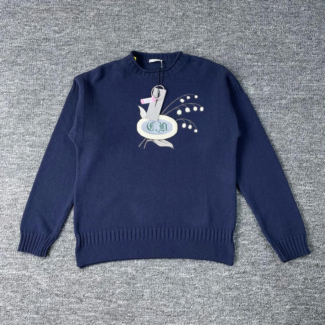 全新未使用 DIOR/迪奥 6680/Dior藏蓝色刺绣圆领针织衫/S码