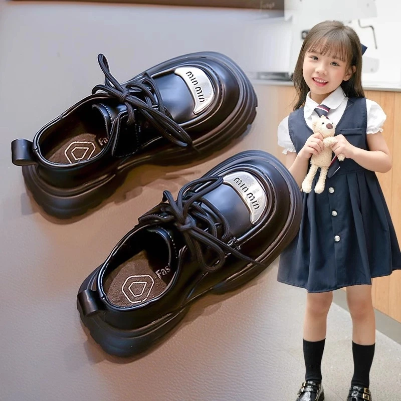 【品牌】女童公主鞋2025春秋中大童秋季厚底英伦风蝴蝶结黑色小皮鞋