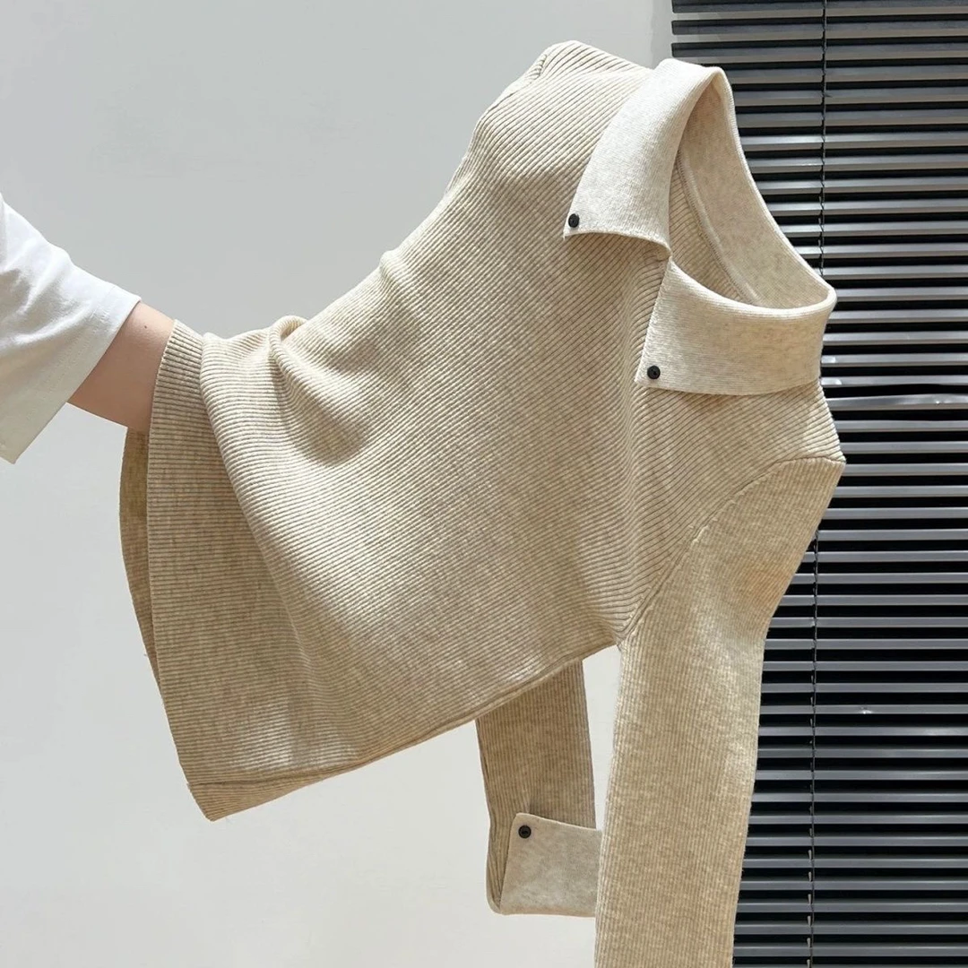 【80-180斤】老钱风Polo领纽扣别致个性针织上衣女秋冬高级感打底衫