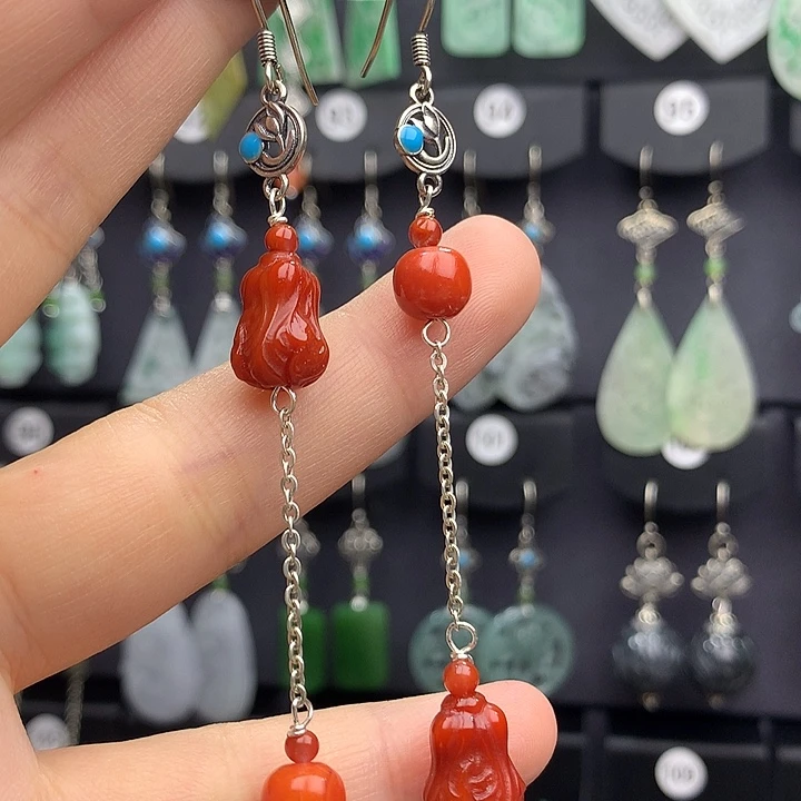 南红玛瑙耳饰银S925镶嵌