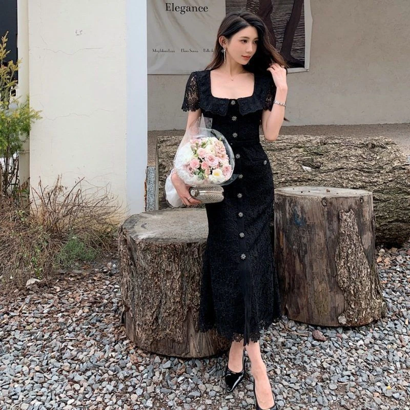 夏季新款女装性感翻领重磅蕾丝连衣裙子高腰显瘦短袖长裙蓝色黑