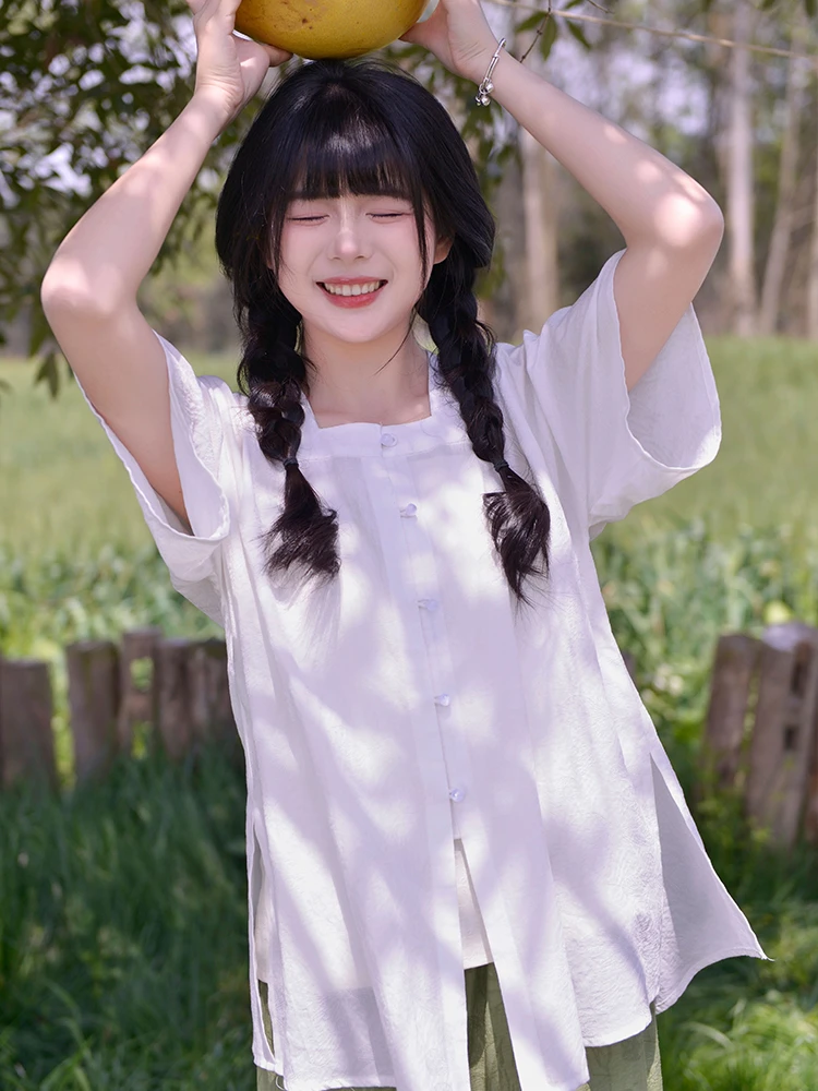 知则【自闲】2025夏季女天丝棉明制方领半袖清凉日常百搭对襟开衫
