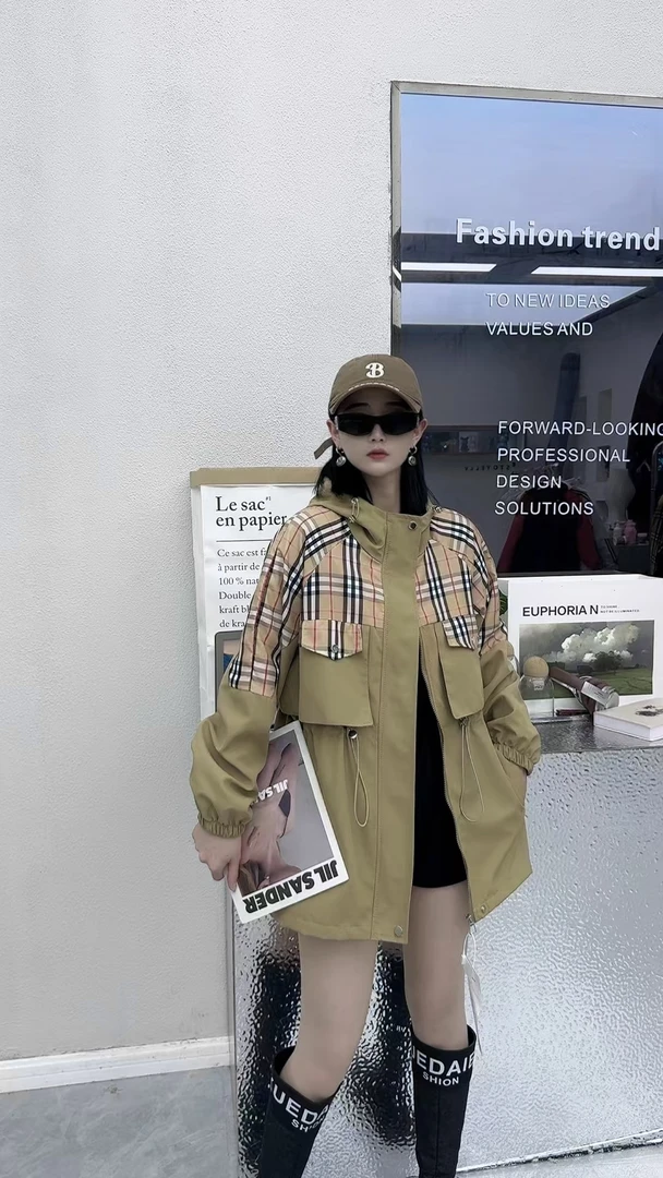 【宠粉专属】格子拼接连帽宽松长款韩版百搭外套风衣春秋休闲冲锋衣