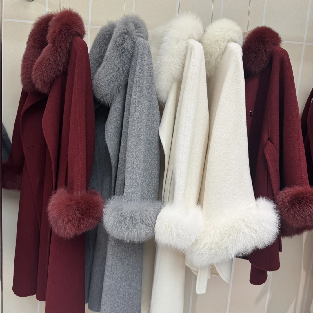 韩系高级感羊绒狐狸毛领赫本风女秋冬气质显瘦中长款羊毛大衣外套