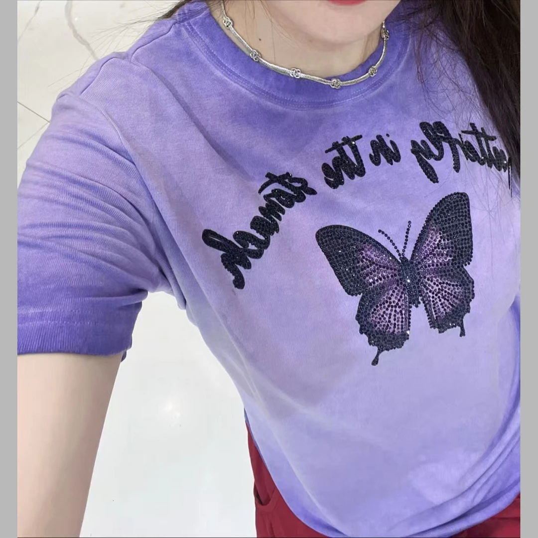 【W1012紫色蝴蝶钻】T恤2025年新款包嫂夏季女装百搭