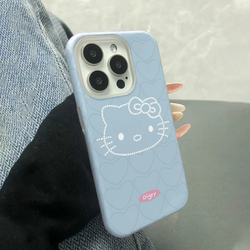 薄荷蓝Kitty双层菲林壳适用于苹果16手机壳爱心ins卡通透明全包