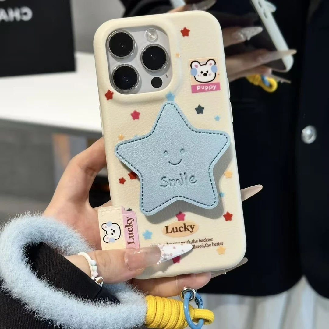 皮革星星支架标签适用苹果17/16promax挂绳手机壳华为P70vivo小米