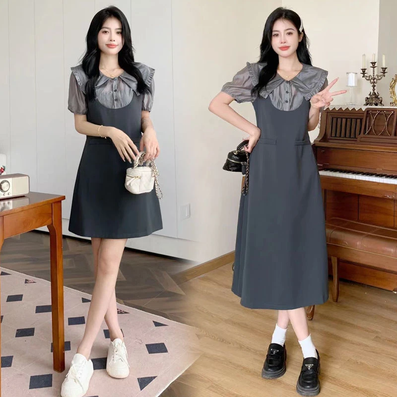 WW维维家大码女装胖mm假两件娃娃领气质显瘦连衣裙百搭设计感宽松