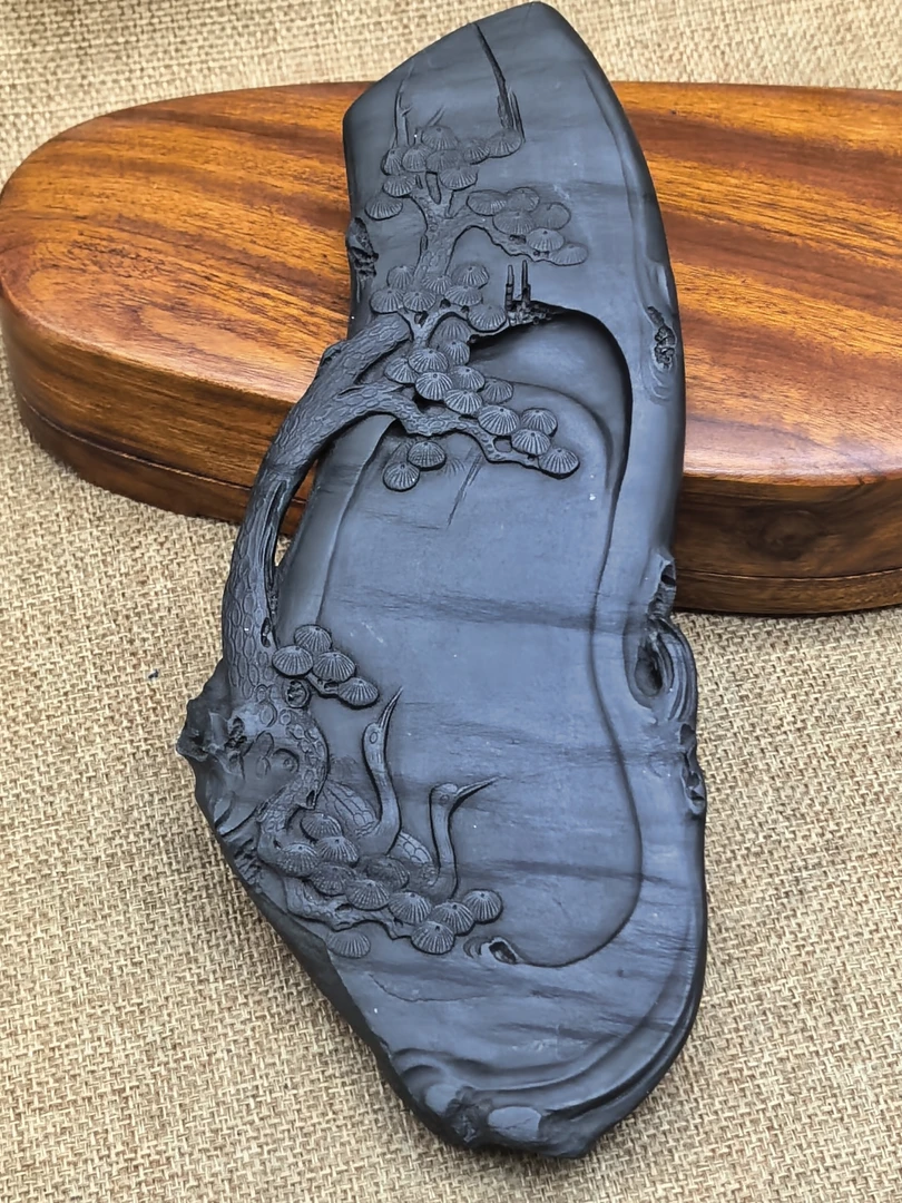 歙砚老坑松鹤眉纹延年益寿一物一图21*9*1.5cm