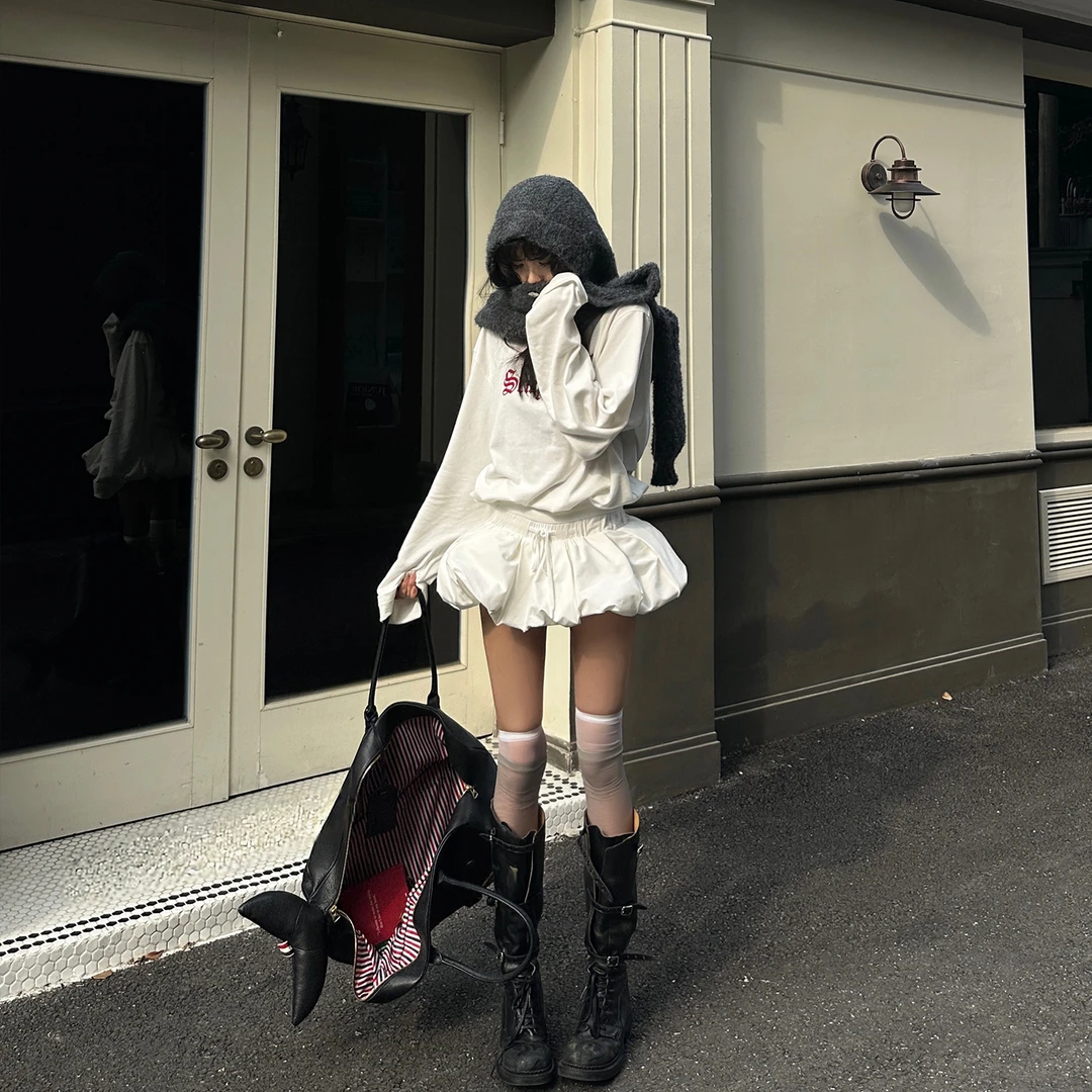 韩好甜WARDEN EDGE失控危机 白色印花T恤女冬宽松落肩长袖打底衫