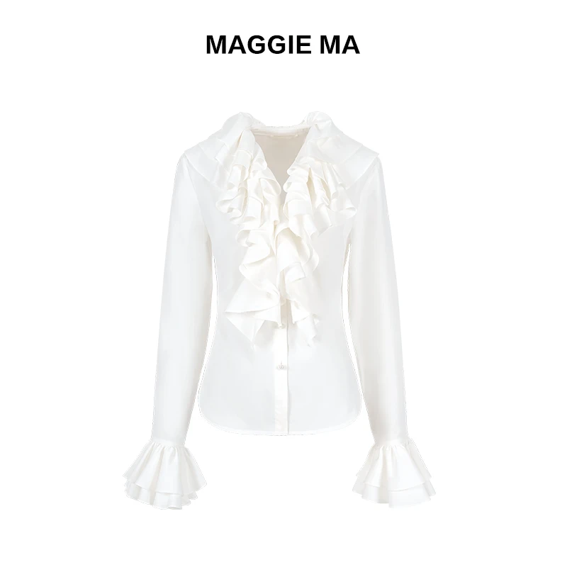 MAGGIE MA马婧设计师款纯洁白色雅致荷叶边通勤休闲衬衫上衣008S