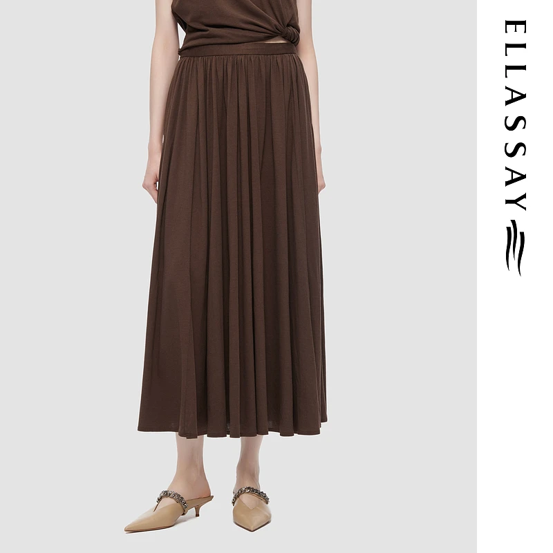 ELLASSAY歌力思2025夏季新款深咖色A摆半身裙女EWD362Q00800