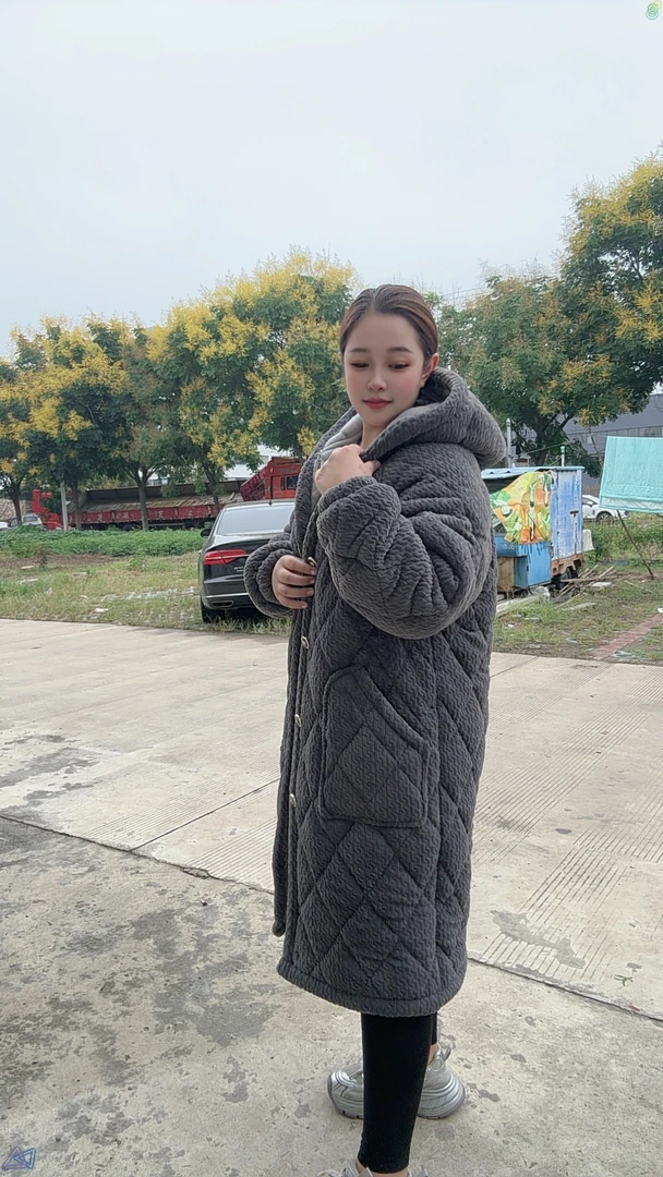冬季连帽棉服长款家居服套装保暖时尚韩版睡衣中长款秋冬季