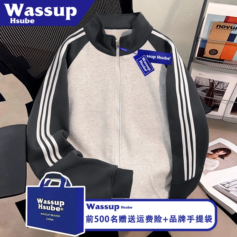 WASSUP HSUBE痞帅炸街纯色拉链卫衣男女三条杠外套慵懒风秋季开衫