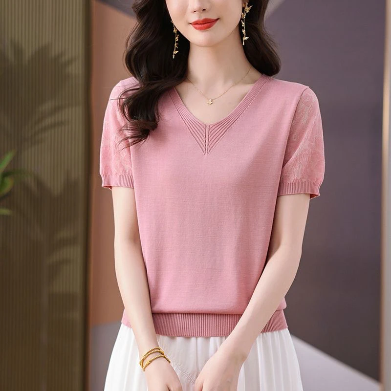 中年女士天丝透气T恤时尚V领大码夏装针织夏季短袖
