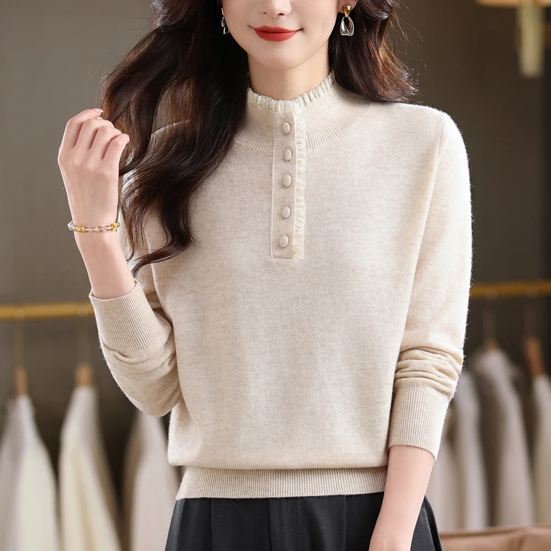 100纯羊毛毛衣女冬季内搭独特漂亮减龄洋气蕾丝领打底衫2025新款
