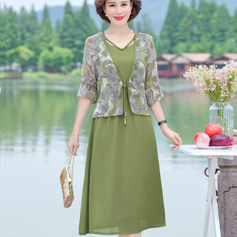 9673-套装上新！夏季新款新国风百搭气质长裙中袖外套妈妈装F仓