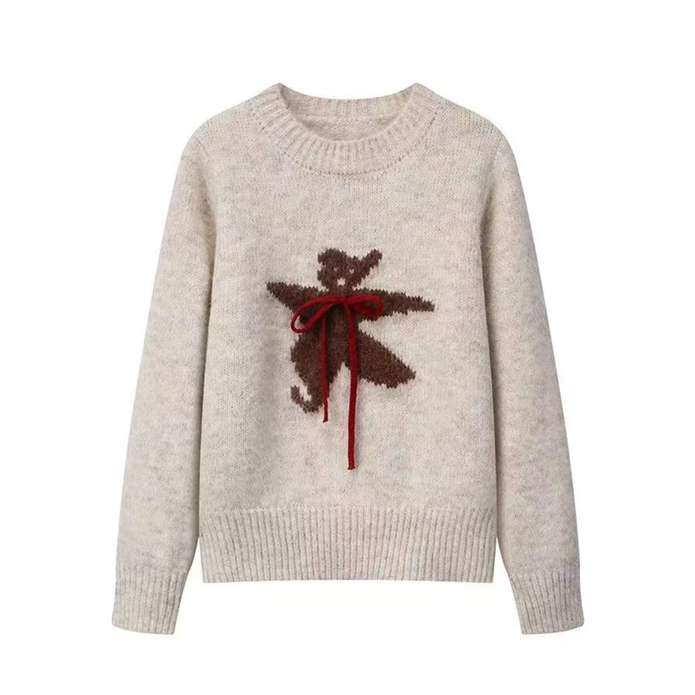 圆领元气系带小熊高级慵懒风针织套头毛衣K2420