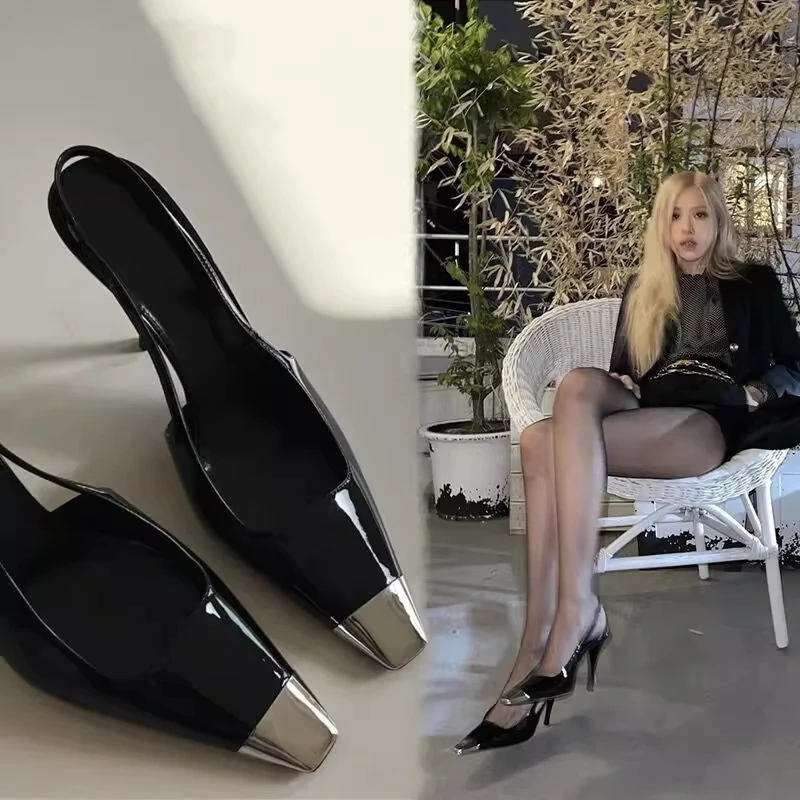朴彩英2024年夏季新款包头凉鞋女金属黑色漆皮细跟一字带高跟鞋女