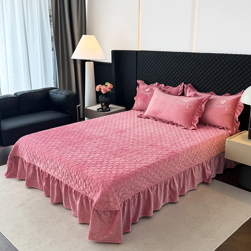 2025新款婴儿绒花边款床盖绗缝加厚防滑床盖床单床盖加绒加厚冬款