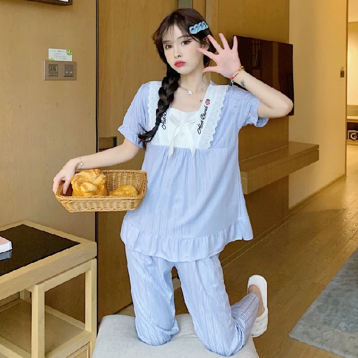 甜美公主风睡衣女短袖长裤薄款家居服套装春秋夏季